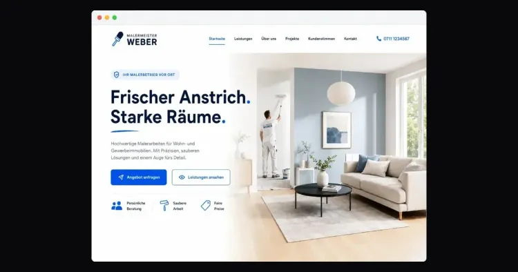 Startseite eines Malerbetriebs: Logo und Telefonnummer im Kopfbereich, die Überschrift „Frischer Anstrich. Starke Räume.“, ein kurzer Leistungstext, die Buttons „Angebot anfragen“ und „Leistungen ansehen“ sowie die Hinweise „Persönliche Beratung“, „Saubere Arbeit“ und „Faire Preise“.